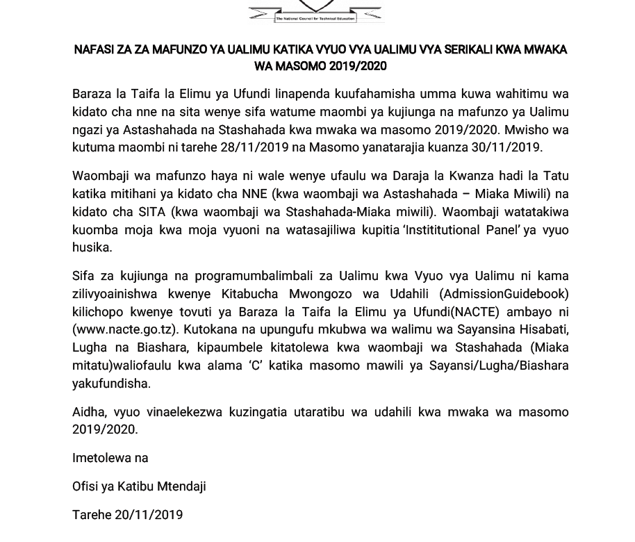 NAFASI ZA MAFUNZO YA UALIMU KATIKA VYUO VYA UALIMU VYA SERIKALI KWA MWAKA WA MASOMO 2019/2020 3 NACTE: Teachers Training Opportunities Certificate and Diploma 2019/2020