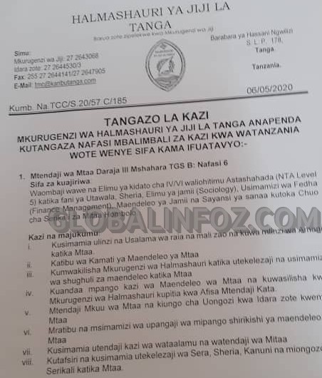 NAFASI ZA KAZI HALMASHAURI YA JIJI TANGA