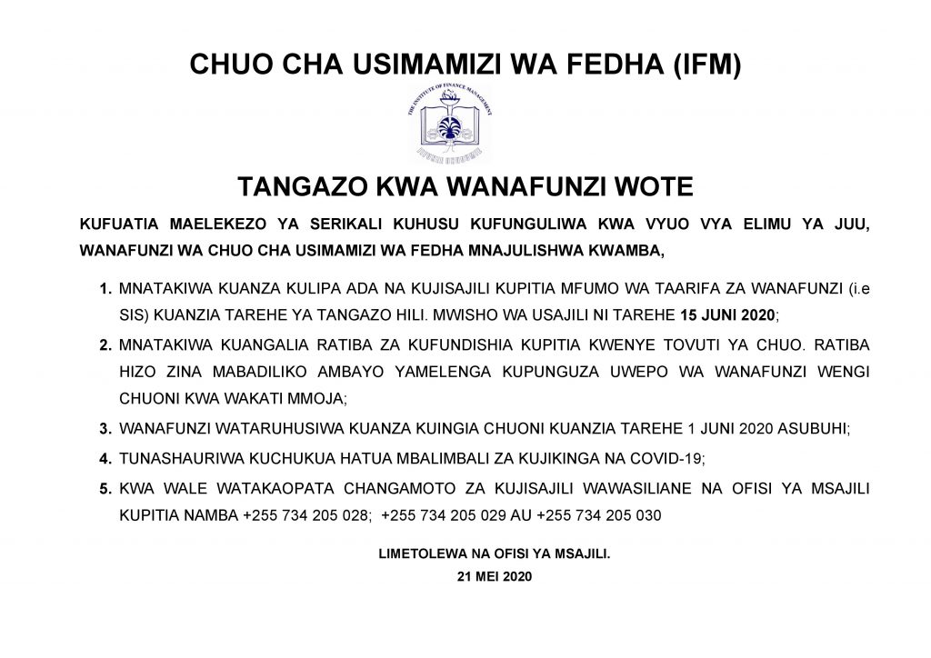 TANGAZO LA KUFUNGULIWA CHUO CHA USIMAMIZI WA FEDHA IFM