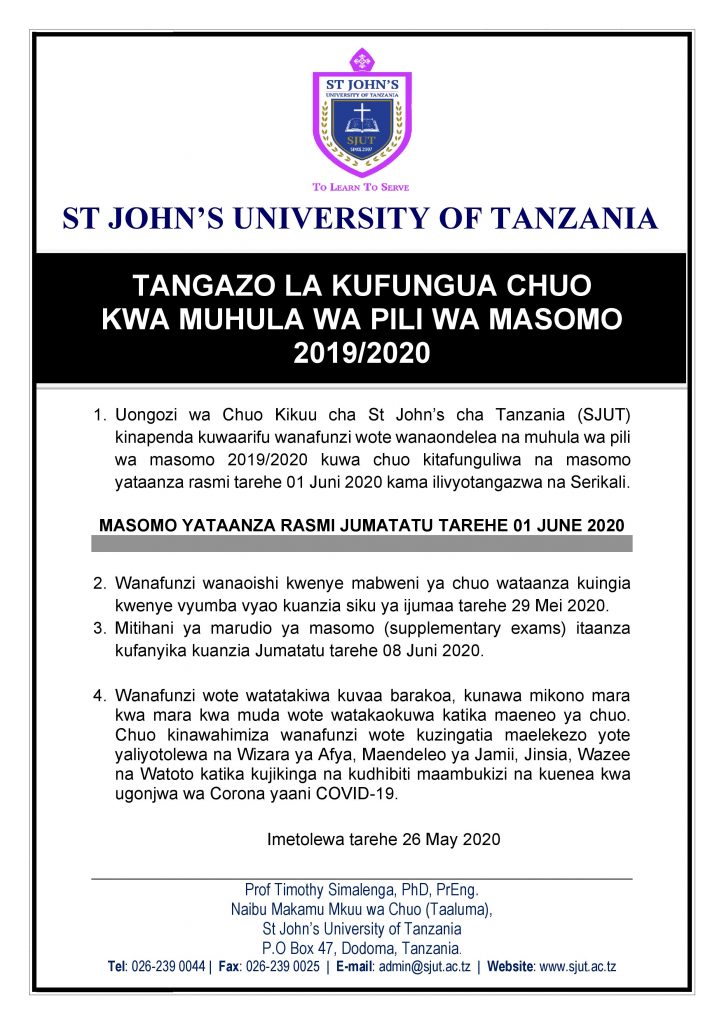 KUFUNGULIWA KWA CHUO MUHULA WA PILI ST. JOHN UNIVERSITY OF TANZANIA SJUT