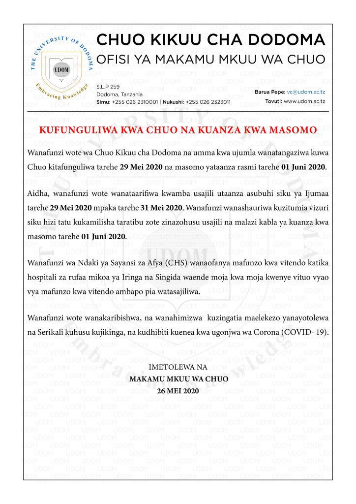 KUFUNGULIWA KWA CHUO NA KUANZA KWA MASOMO UDOM KUFUNGULIWA KWA CHUO NA KUANZA KWA MASOMO UDOM