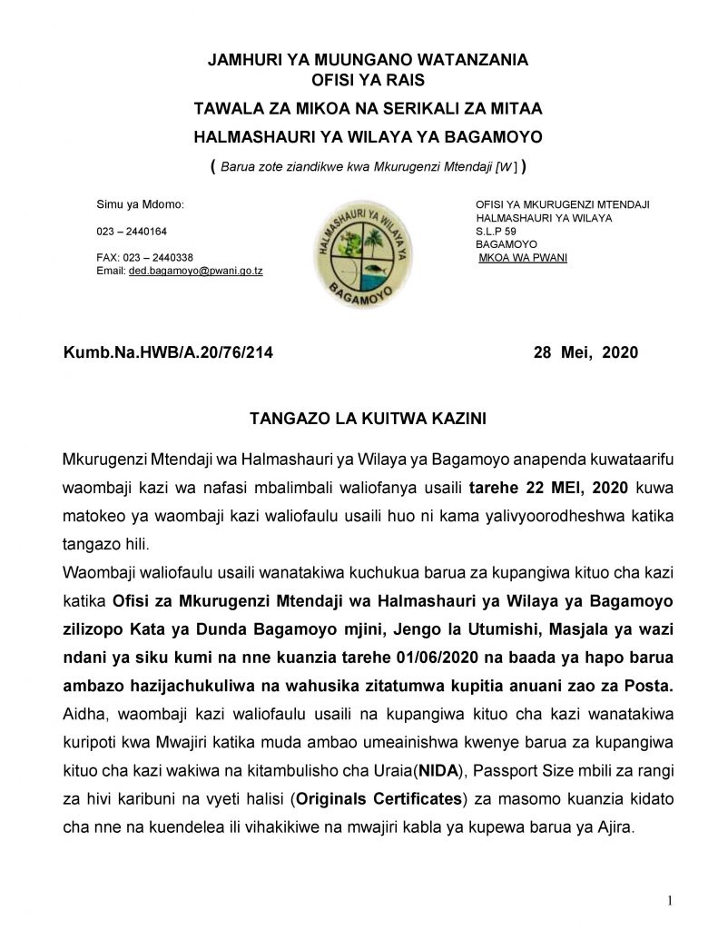 MAJINA YA WALIOITWA KAZINI HALMASHAURI YA WILAYA BAGAMOYO 2 KUITWA KAZINI HALMASHAURI YA WILAYA BAGAMOYO