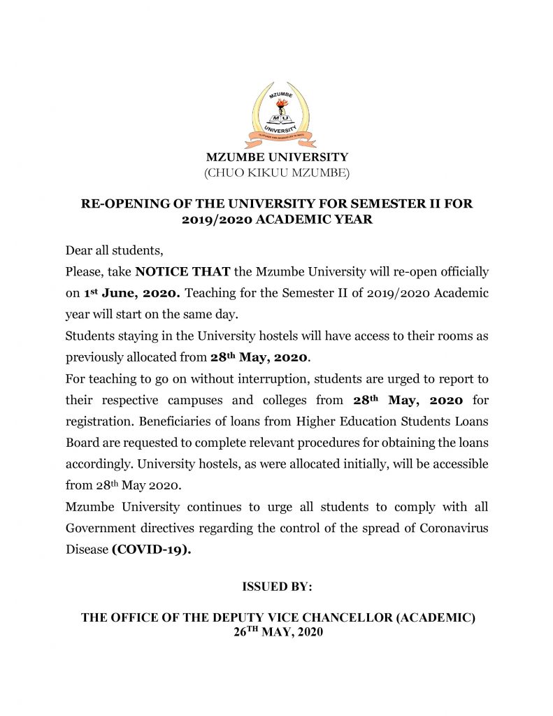 REOPENING ANNOUNCEMENT ADVERT AT MZUMBE UNIVERSITY 1 MZUMBE_MU REOPENING ANNOUNCEMENT ADVERT