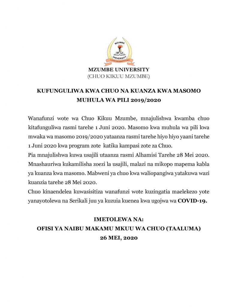 REOPENING ANNOUNCEMENT ADVERT AT MZUMBE UNIVERSITY 2 MZUMBE_TANGAZO LA KUFUNGULIWA KWA CHUO