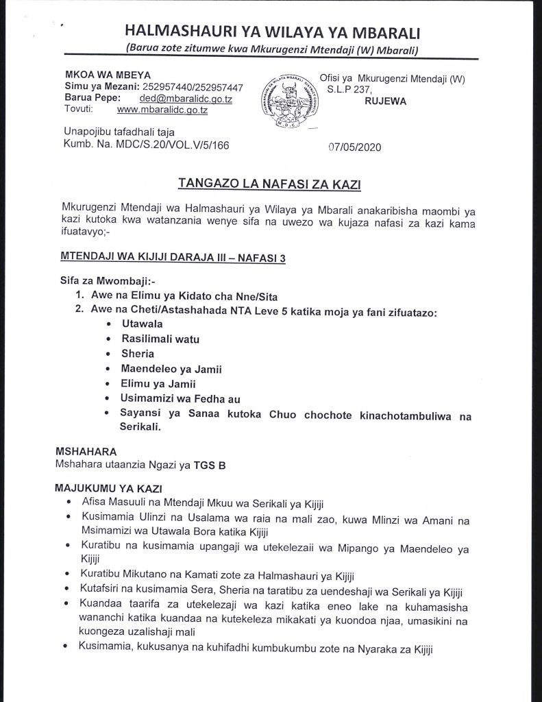 NAFASI ZA KAZI HALMASHAURI YA WILAYA MBARALI