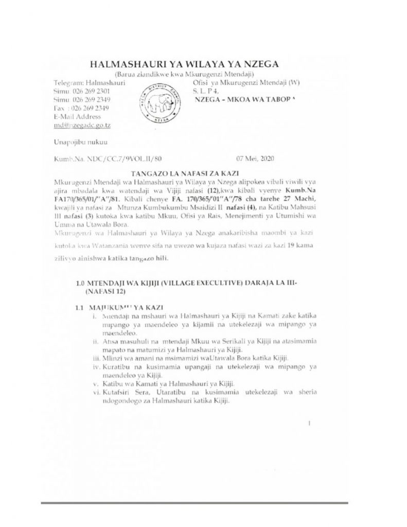 NAFASI ZA KAZI WILAYA NZEGA
