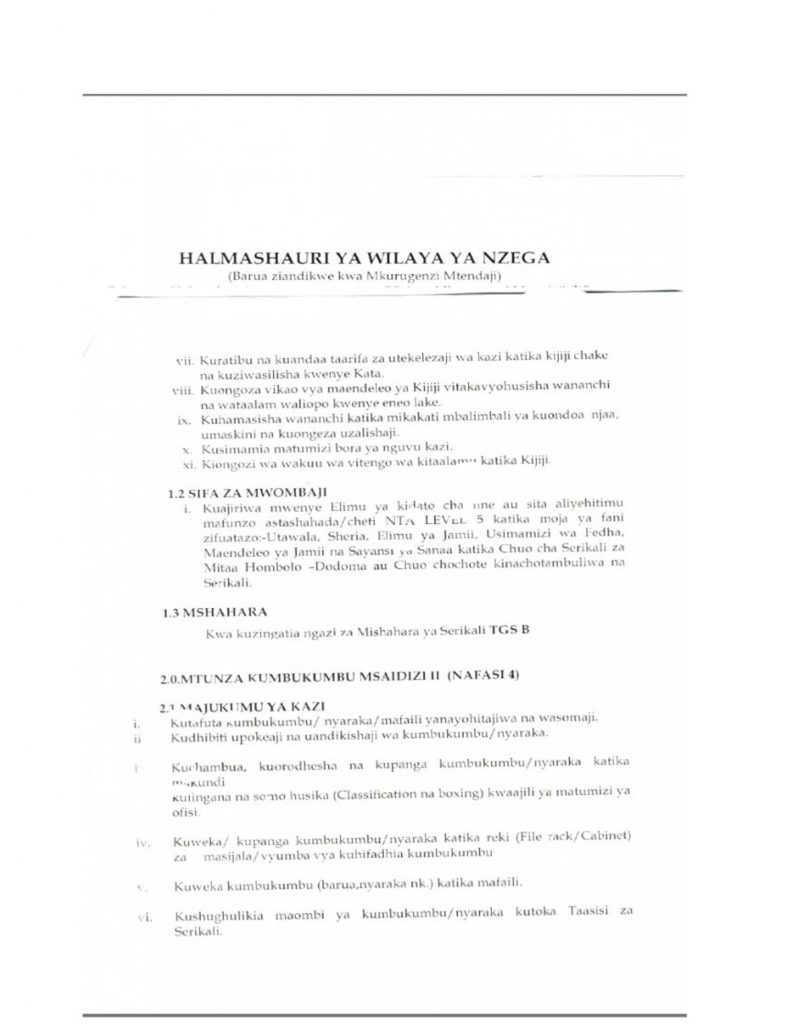 NAFASI ZA KAZI WILAYA NZEGA