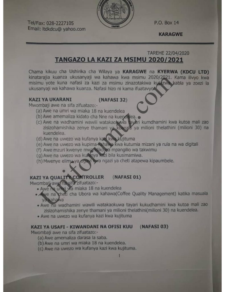 NAFASI ZA KAZI 356 WILAYA YA KARAGWE NA KYERWA KDCU 2 NAFASI ZA KAZI WILAYA YA KARAGWE NA KYERWA KDCU