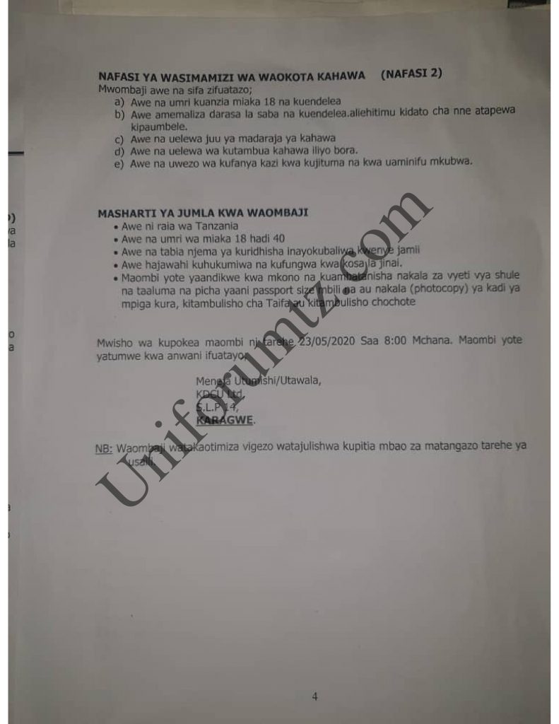 NAFASI ZA KAZI 356 WILAYA YA KARAGWE NA KYERWA KDCU 5 NAFASI ZA KAZI WILAYA YA KARAGWE NA KYERWA KDCU