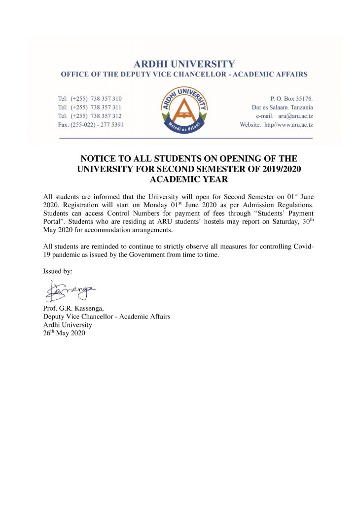 KUFUNGULIWA KWA CHUO MUHULA WA PILI Ardhi University (ARU) Notice to All Students of The Ardhi University (ARU)