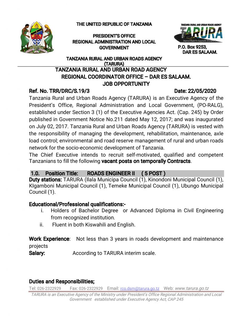 5 Jobs at Tanzania Rural and Urban Roads Agency (TARURA) 1 5 Jobs at Tanzania Rural and Urban Roads Agency (TARURA)