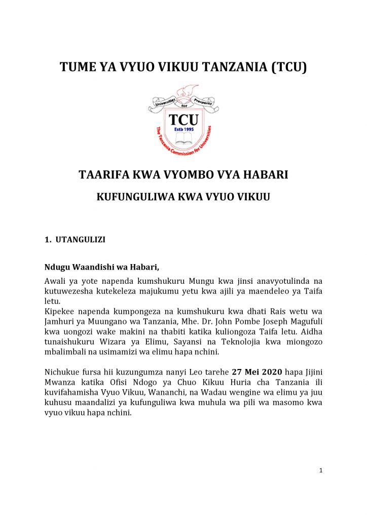 TAARIFA KWA WANAFUNZI WOTE WA VYUO NA VYOMBO VYA HABARI 1 AJIRASASA.COM_TCU TAARIFA KWA VYOMBO VYA HABARI