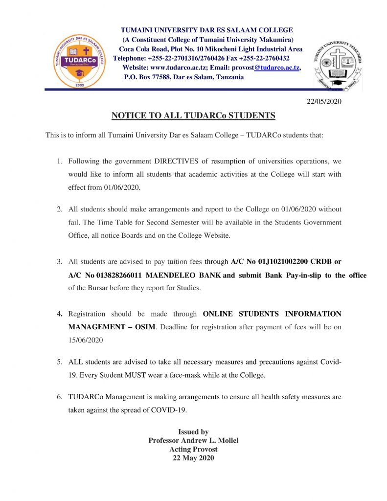 KUFUNGULIWA KWA CHUO MUHULA WA PILI Tumaini University Dar es Salaam College (TUDARCo) 2 KUFUNGULIWA KWA CHUO MUHULA WA PILI Tumaini University Dar es Salaam College (TUDARCo)