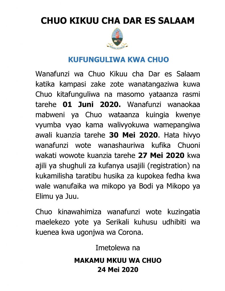 KUFUNGULIWA KWA CHUO KIKUU CHA DAR ES SALAAM (UDSM)