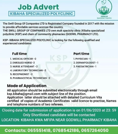 16 Jobs Opportunities at Kibaha Specialized Polyclinic (KSP) 2 Jobs Opportunities at Kibaha Specialized Polyclinic (KSP)
