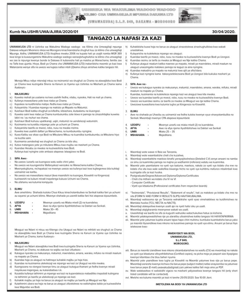 2 Job Opportunities at UWAWAKUDA Limited Morogoro 2 2 Job Opportunities at UWAWAKUDA Limited Morogoro AJIRASASA