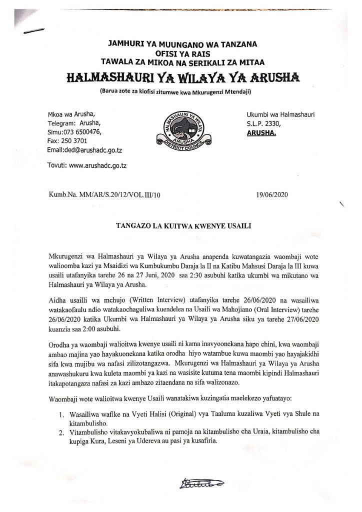 TANGAZO LA KUITWA KWENYE USAILI HALMASHAURI YA WILAYA YA ARUSHA 2 TANGAZO LA KUITWA KWENYE USAILI HALMASHAURI YA WILAYA YA ARUSHA
