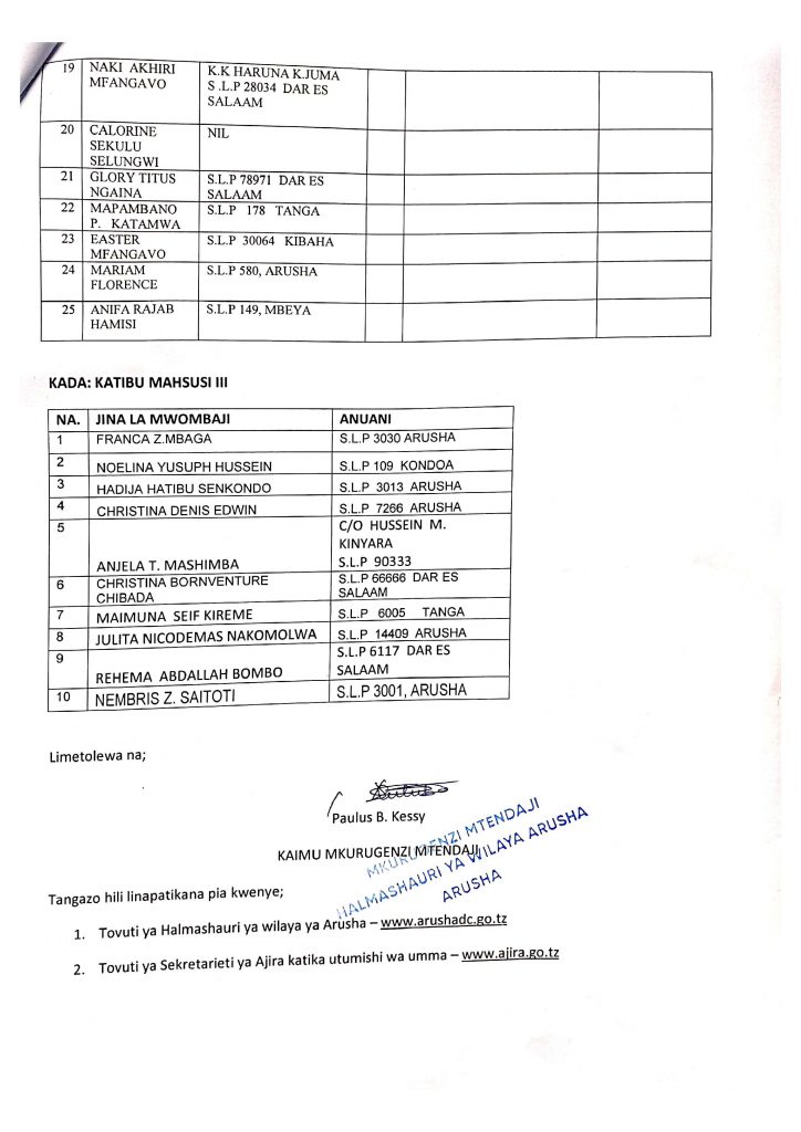 TANGAZO LA KUITWA KWENYE USAILI HALMASHAURI YA WILAYA YA ARUSHA 4 TANGAZO LA KUITWA KWENYE USAILI HALMASHAURI YA WILAYA YA ARUSHA