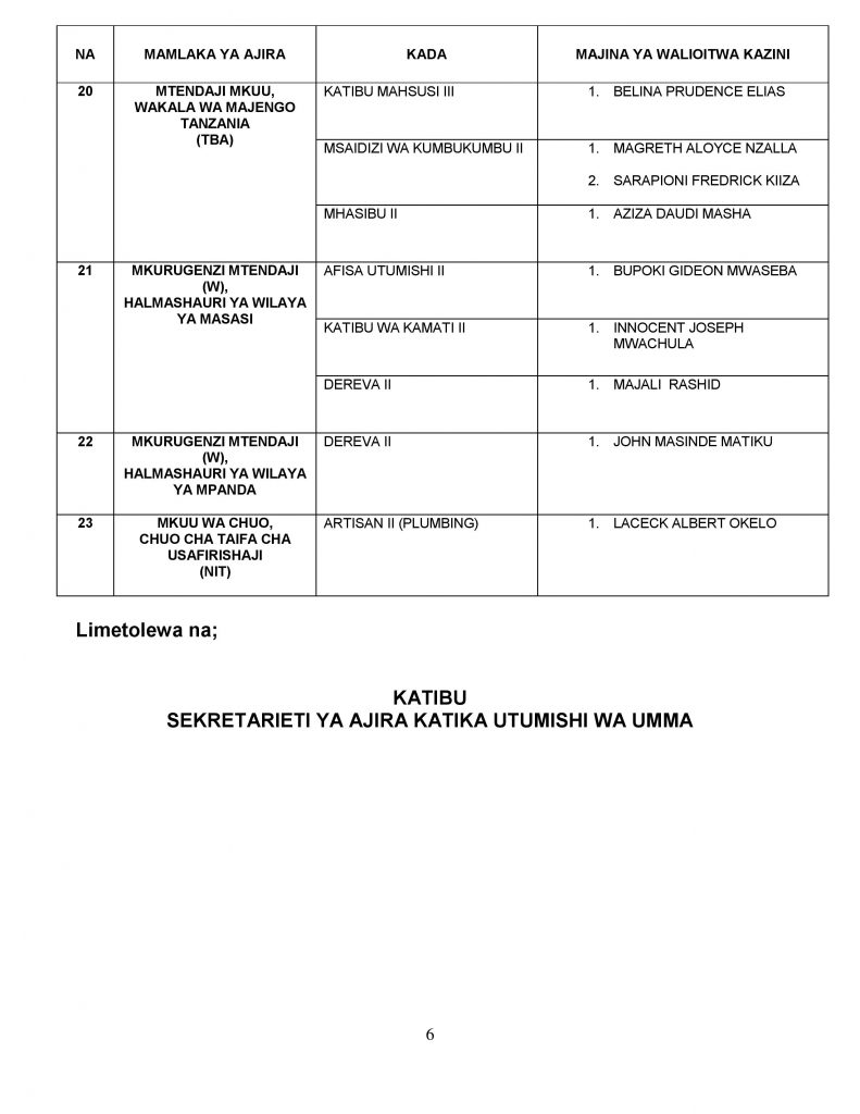 83 Names Calls for Work UTUMISHI 7 TANGAZO LA KUITWA KAZINI JULAI, 2020 WALIOHIFADHIWA KWENYE KANZIDATA