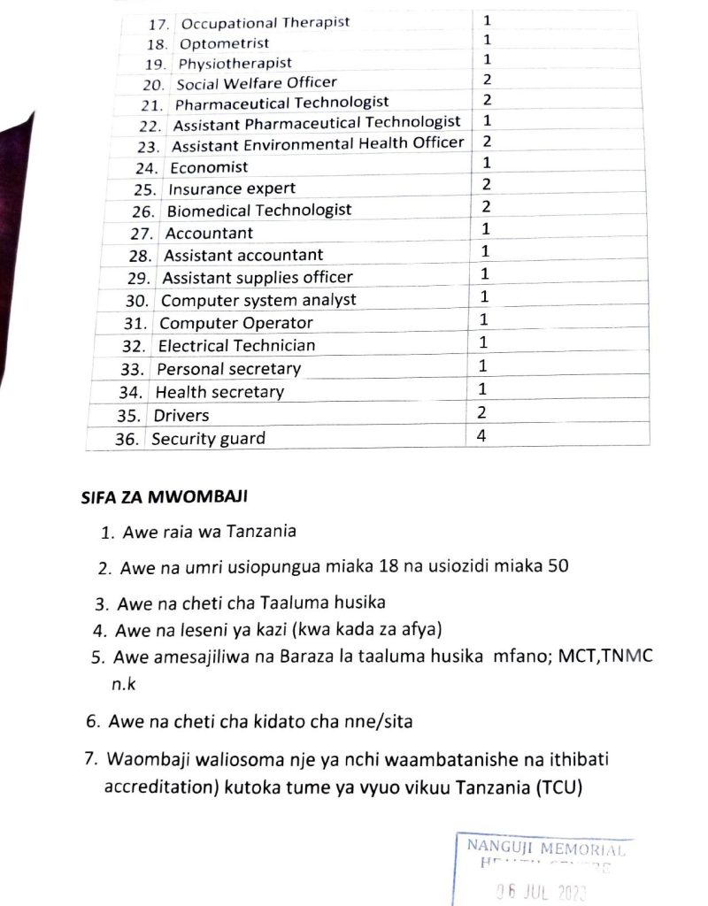 nafasi za kazi Hospitali ya Nanguji (Nanguji Memorial Hospital) iliyopo Manispaa ya Morogoro
