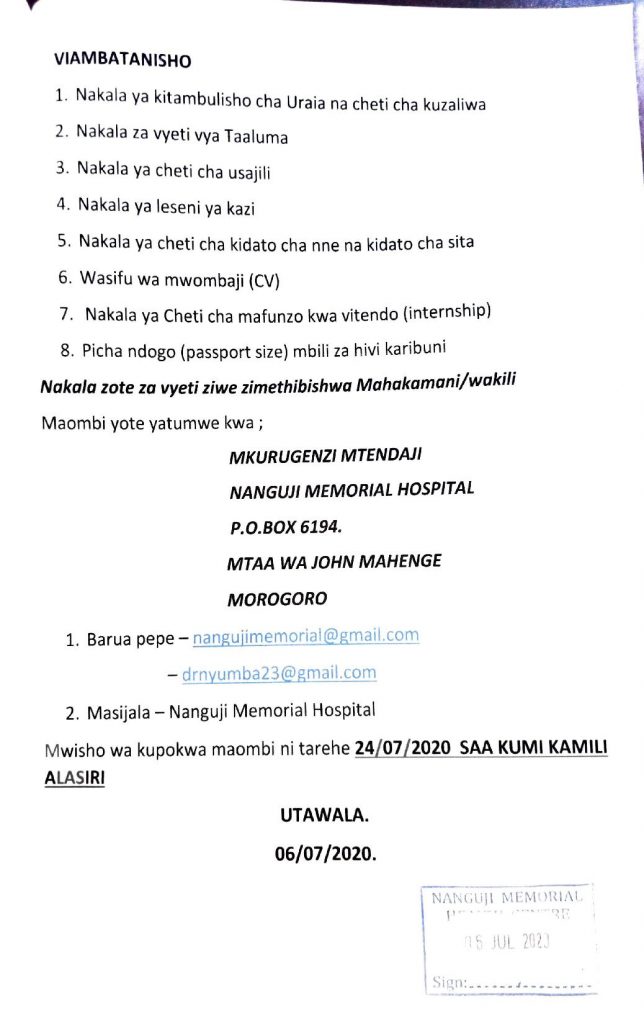 nafasi za kazi Hospitali ya Nanguji (Nanguji Memorial Hospital) iliyopo Manispaa ya Morogoro