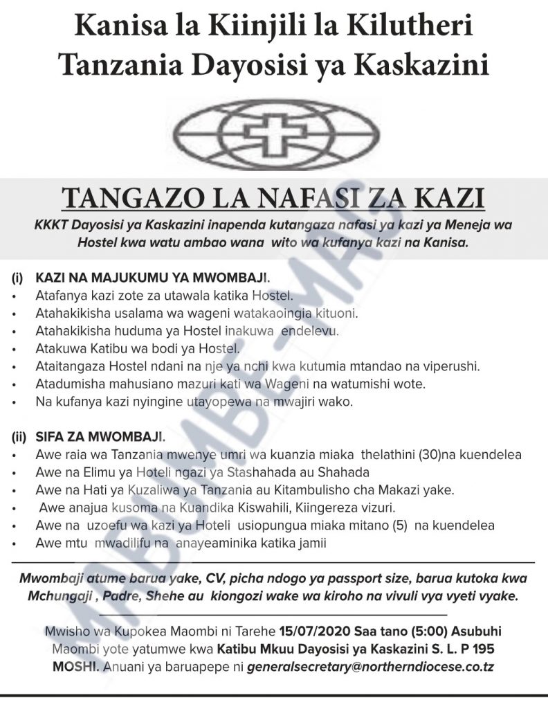 Hostel Manager Job Opportunity at KKKT Northern Diocese 2 Hostel Manager at kkkt Northern Diocese nafasi za kazi KKT
