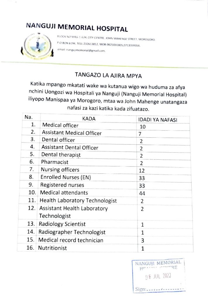 nafasi za kazi Hospitali ya Nanguji (Nanguji Memorial Hospital) iliyopo Manispaa ya Morogoro