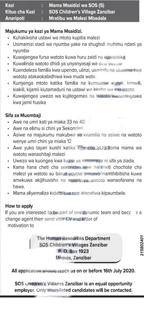 Job Vacancies at SOS Children’s Villages Tanzania 2 Job Vacancies at SOS Children’s Villages Tanzania