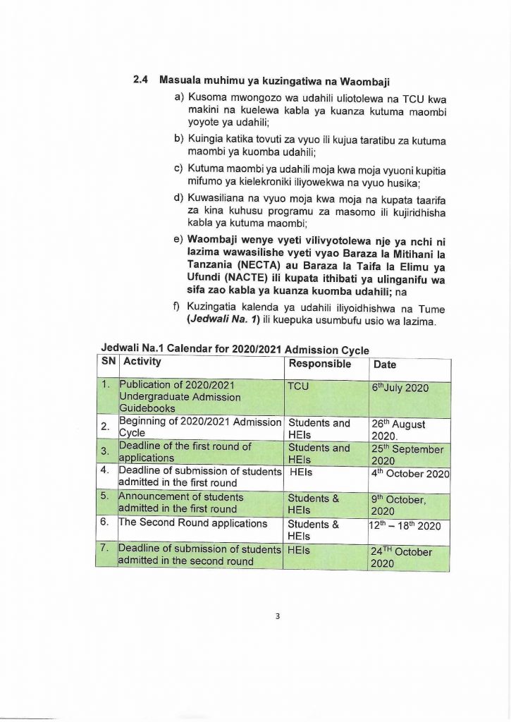 TCU Open Admission Window for Academic Year 2020/2021 4 KUFUNGULIWA KWA DIRISHA LA UDAHILI WA SHAHADA YA KWANZA, MWAKA WA MASOMO 2020/2021
