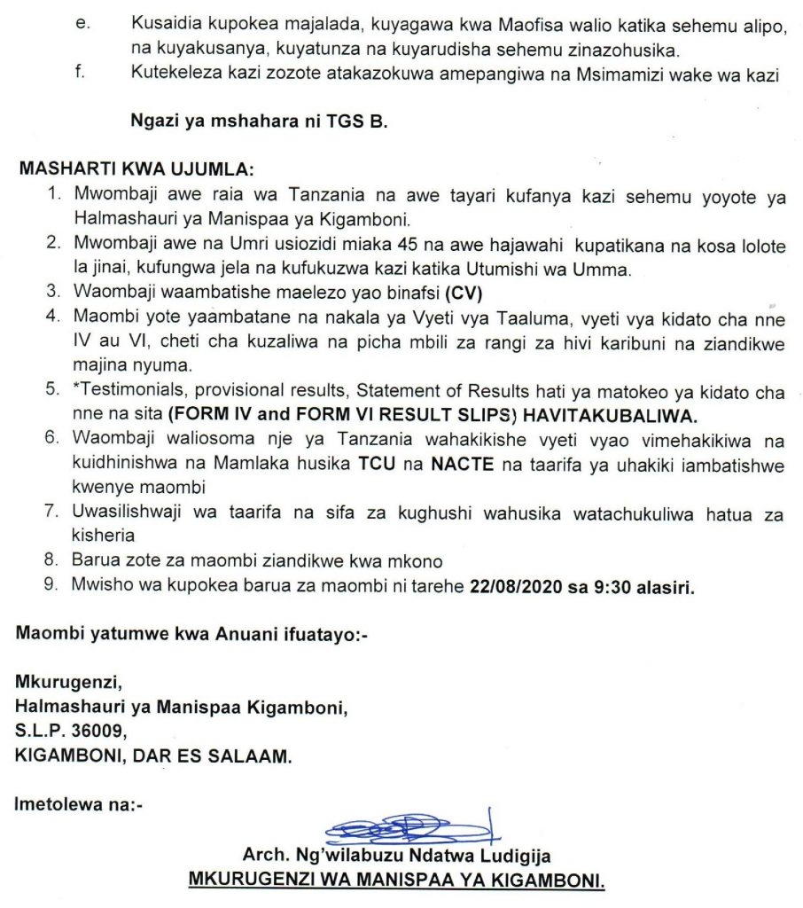 2 Job Opportunities DSM at KIGAMBONI Municipal Council 3 TANGAZO LA NAFASI ZA KAZI HALMASHAURI YA MANISPAA YA KIGAMBONI