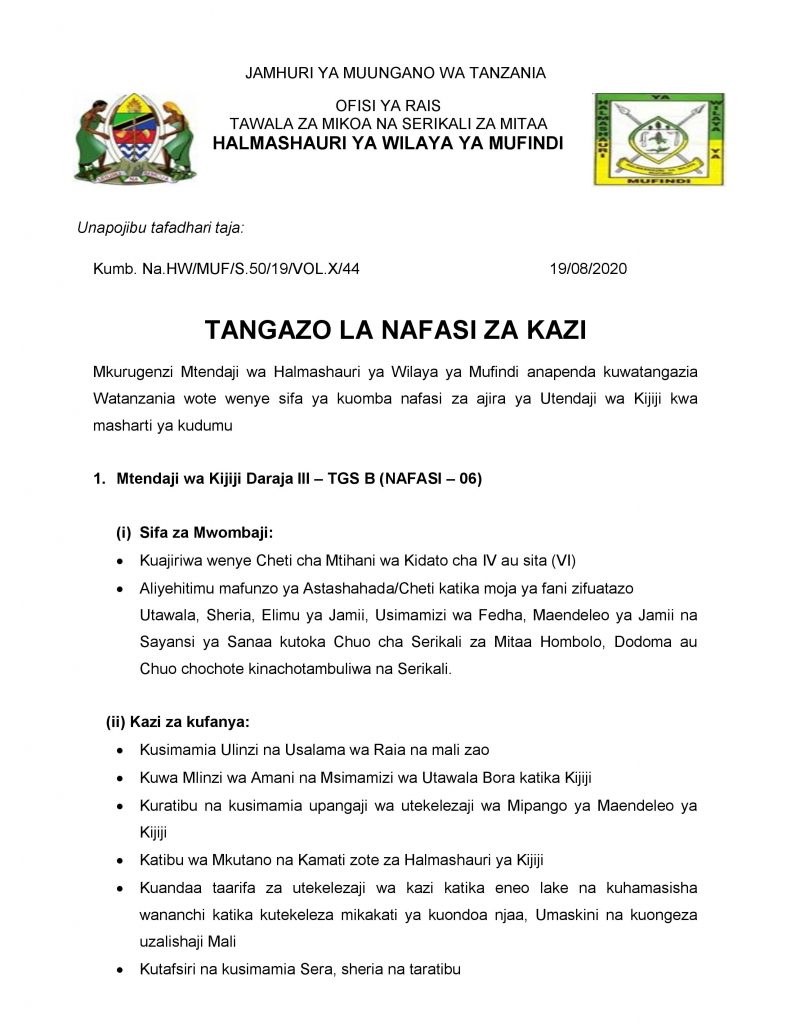 WATENDAJI Executive Officers Jobs IRINGA at MUFINDI District Council 2 AJIRASASA.COM_TANGAZO LA NAFASI ZA KAZI WATENDAJI WA VIJIJI-page-001
