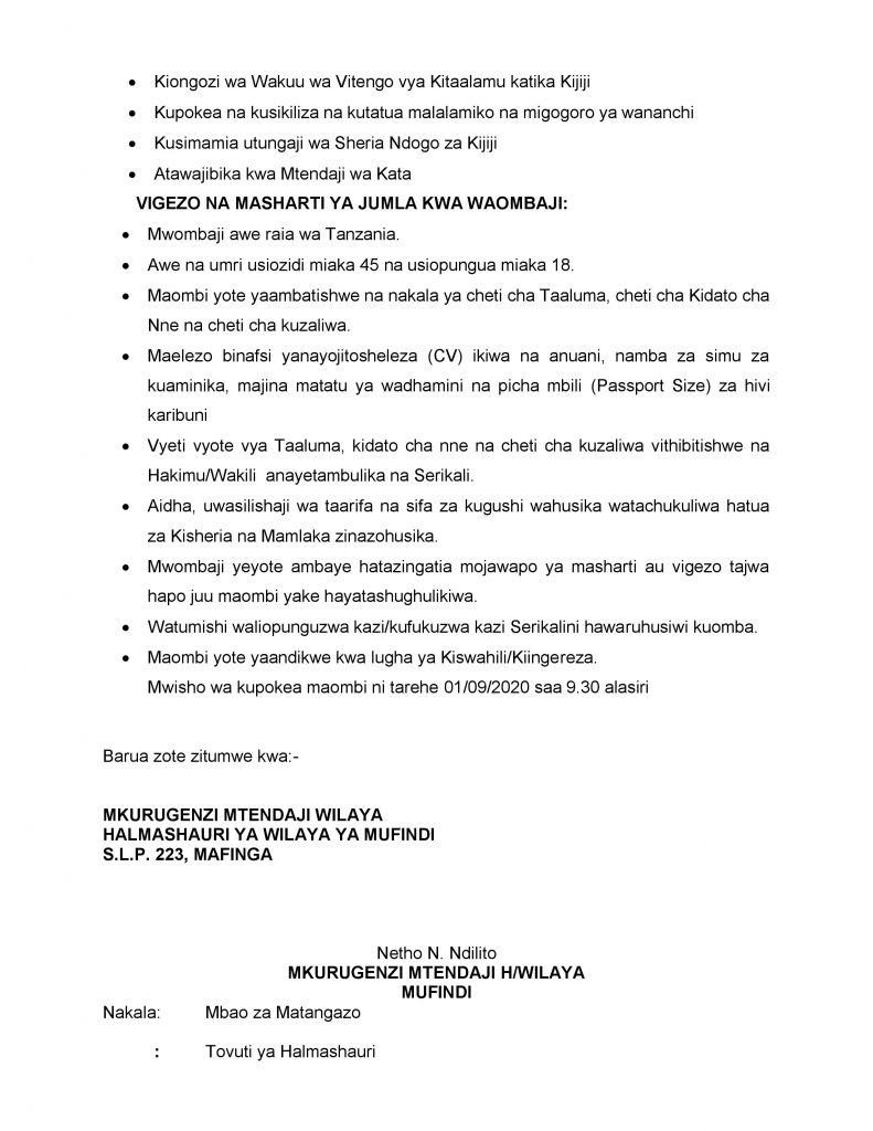 WATENDAJI Executive Officers Jobs IRINGA at MUFINDI District Council 3 AJIRASASA.COM_TANGAZO LA NAFASI ZA KAZI WATENDAJI WA VIJIJI-page-002