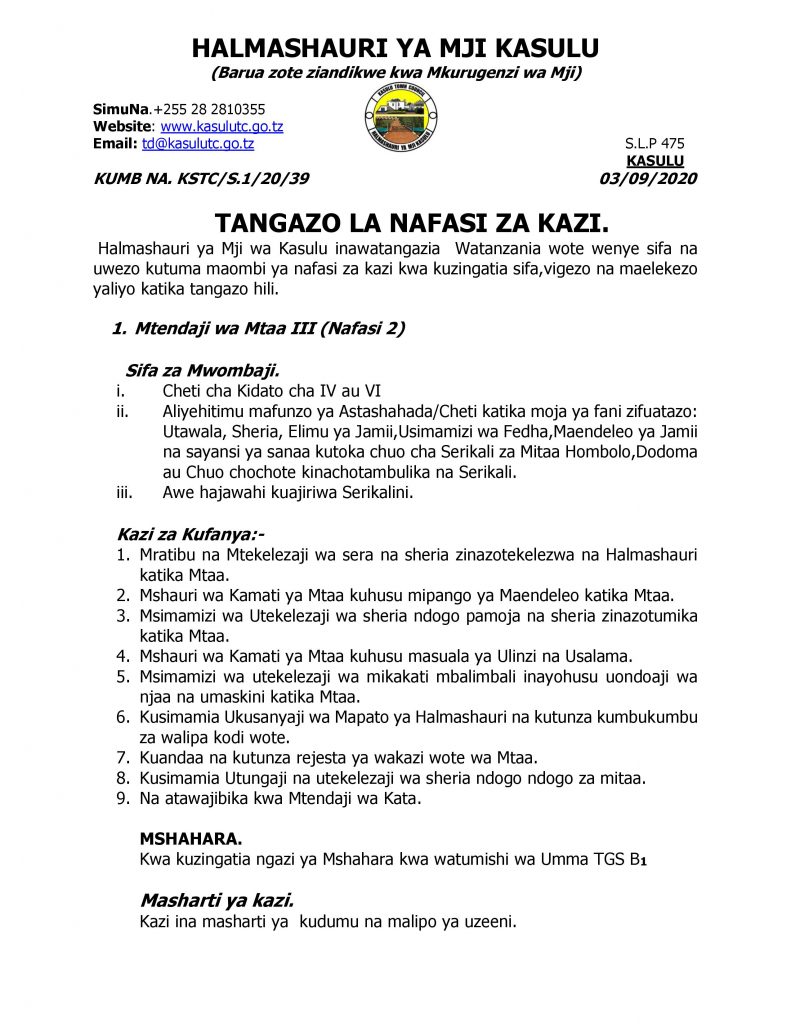 Job Opportunities at KASULU Town Council (KIGOMA ) 2 AJIRASASA.COM_TANGAZO LA KAZI HALMASHAURI YA MJI KASULU-page-001