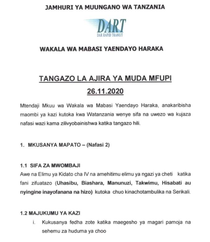 nafasi za kazi wakala wa mabasi yaendayo haraka nafasi za kazi basi za mwendokasi DART