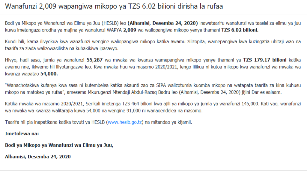 Wanafunzi 2,009 wapangiwa mikopo ya TZS 6.02 bilioni dirisha la rufaa