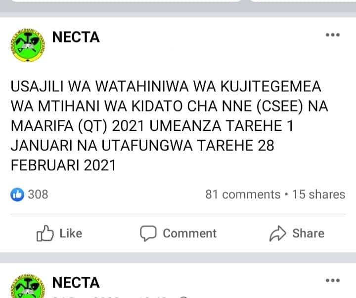 Important Announcement to All FORM FOUR and QT Candidates 2021 NECTA