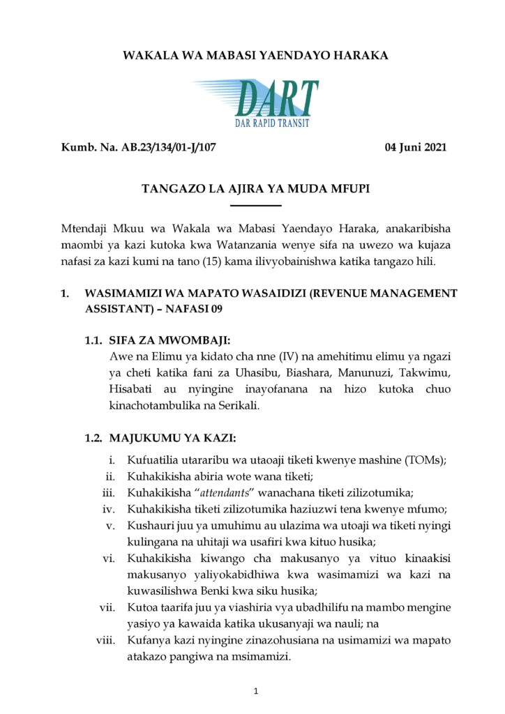 15 Jobs MWENDOKASI at Dar es Salaam Bus Rapid Transit (DART)