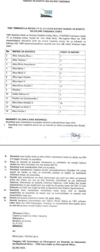 77 Transfer Jobs at Tanzania Agricultural Research Institute (TARI)