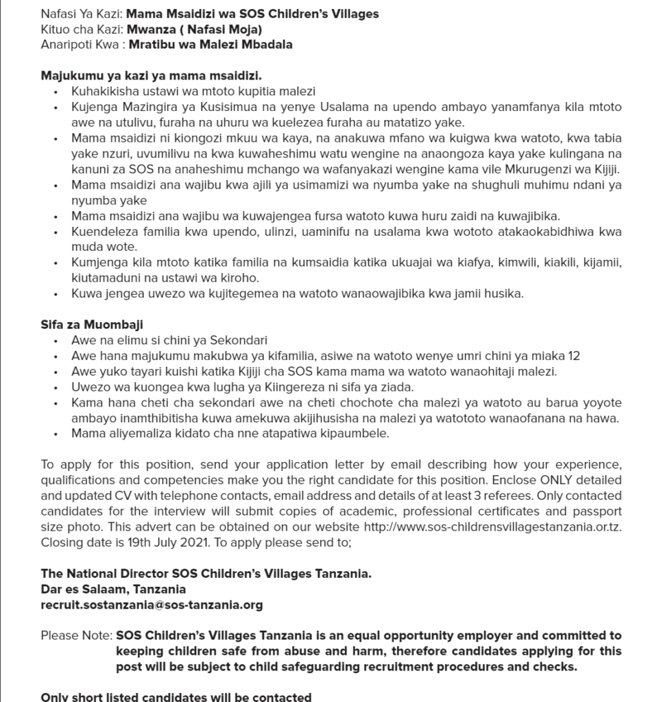 Mama Msaidizi Job Opportunity at SOS Children Villages 2021 2 Mama Msaidizi Job Opportunity at SOS Children’s Villages 2021