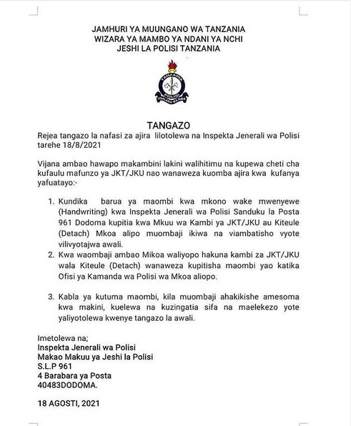New Important Instructions For Police Tanzania Jobs 2021