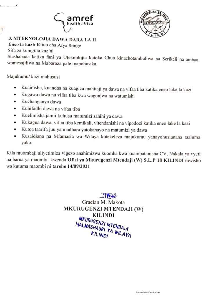 7 New Job Opportunities at Kilindi District Council and AMREF 4 Nafasi za kazi halmashauri ya wilaya ya kilindi na AMREF