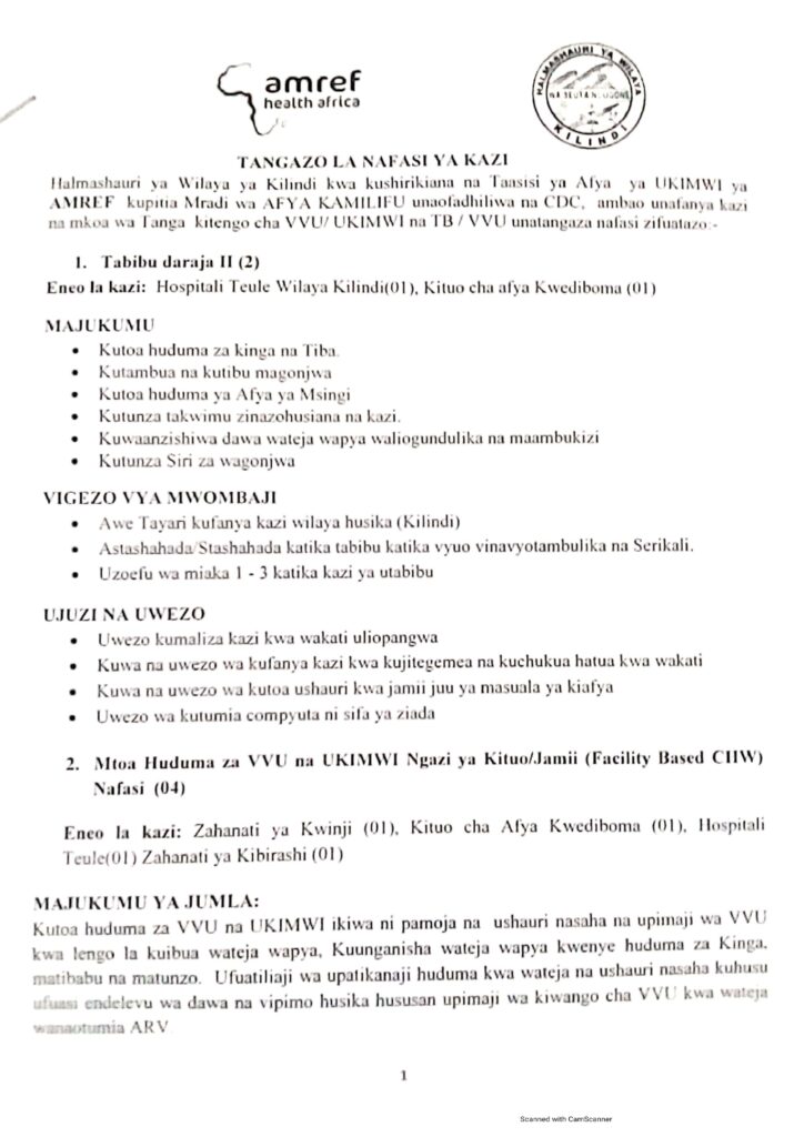 7 New Job Opportunities at Kilindi District Council and AMREF 2 Nafasi za kazi halmashauri ya wilaya ya kilindi na AMREF