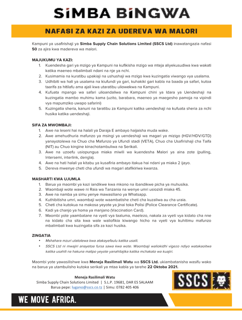 50 Drivers New Job Opportunities at Simba Supply Chain Solutions Limited SSCS Ltd 50 Drivers New Job Opportunities at Simba Supply Chain Solutions Limited SSCS Ltd