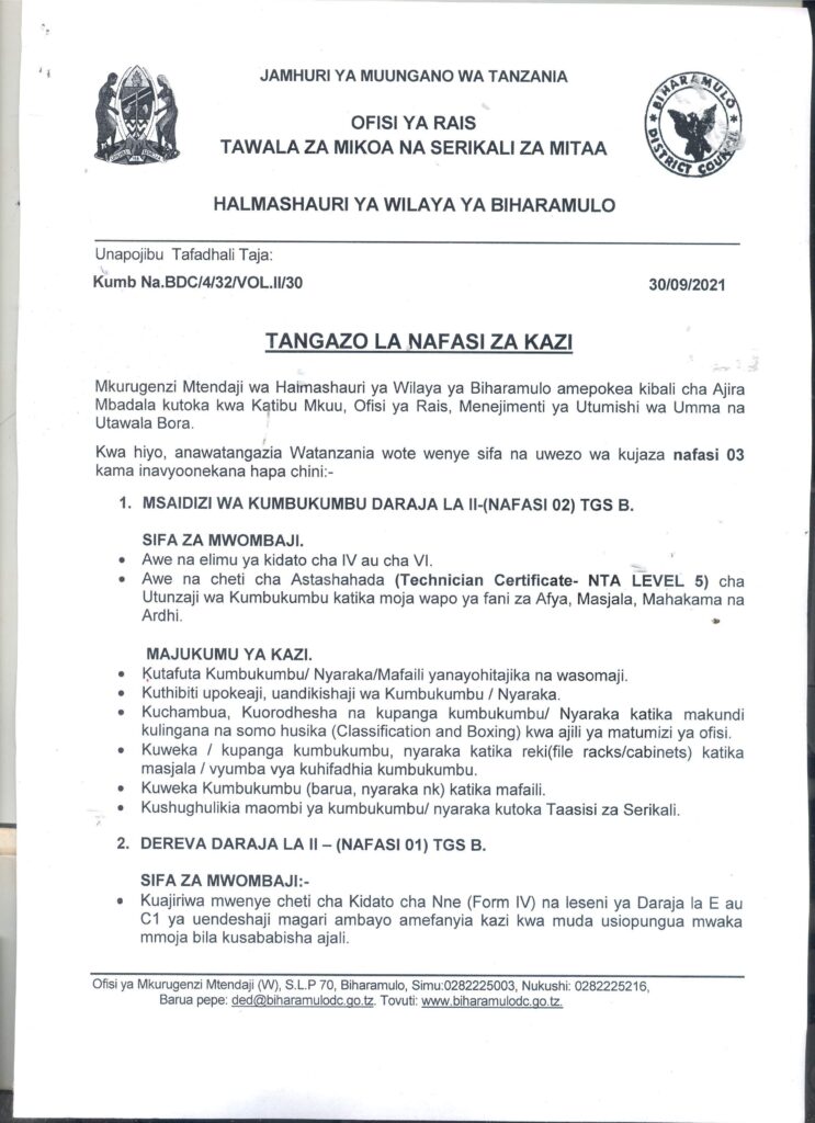 3 New Job Opportunities at Biharamulo District Council KAGERA NAFASI ZA KAZI HALMASHAURI YA WILAYA YA BIHARAMULO KAGERA