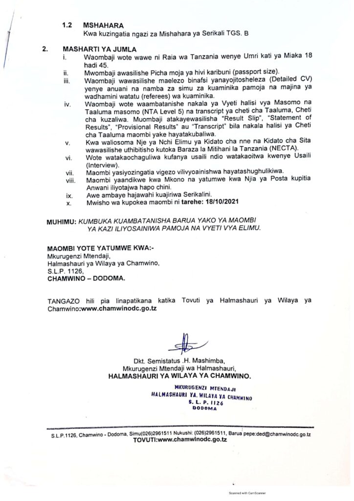 7 WATENDAJI New Job Opportunities Dodoma at CHAMWINO District Council NAFASI ZA KAZI HALMASHAURI YA WILAYA YA CHAMWINO DODOMA
