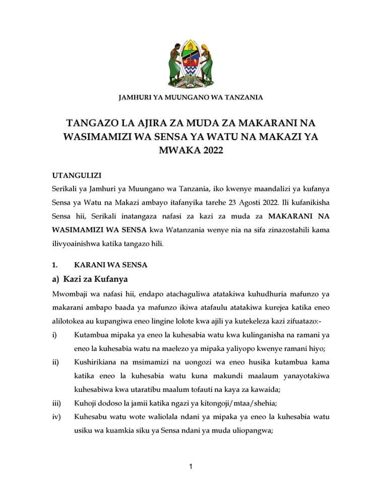 Ajira Mpya za Sensa 2022 | Sensa 2022 Ajira Mpya za Sensa 2022