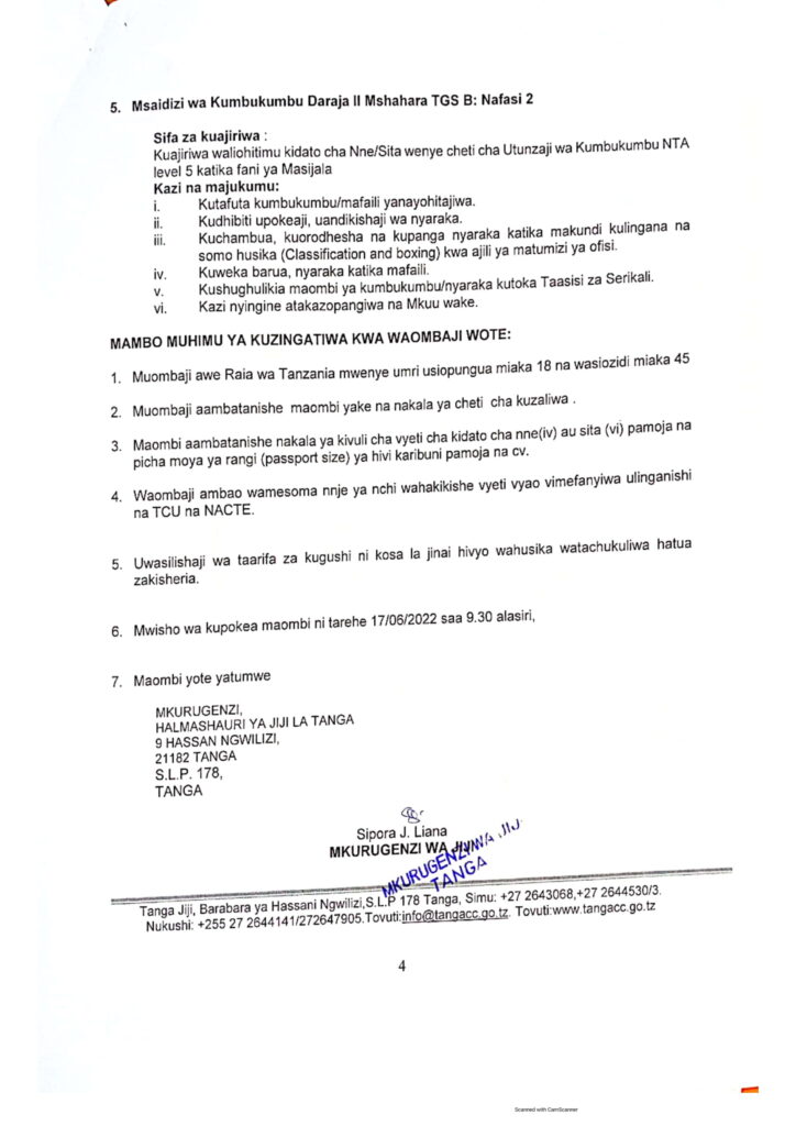 16 Job Vacancies at Tanga City Council NAFASI ZA KAZI HALMASHAURI YA JIJI LA TANGA