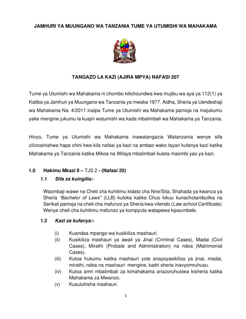 207 Jobs at Tume ya Utumishi wa Mahakama Judicial Service Commission Tume ya Utumishi wa Mahakama Judicial Service Commission