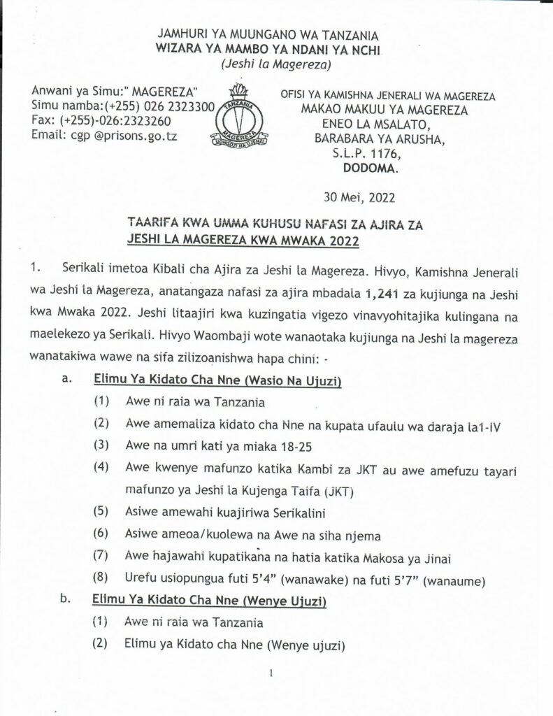 1241 New job at Jeshi la Magereza Tanzania New job at Jeshi la Magereza Tanzania