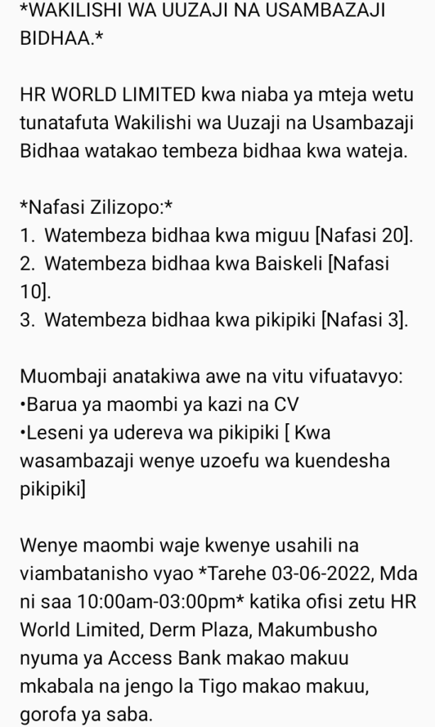 Job Wawakilishi wa Uuzaji na Usambazaji Bidhaa at HR World Wawakilishi wa Uuzaji na Usambazaji Bidhaa at HR World